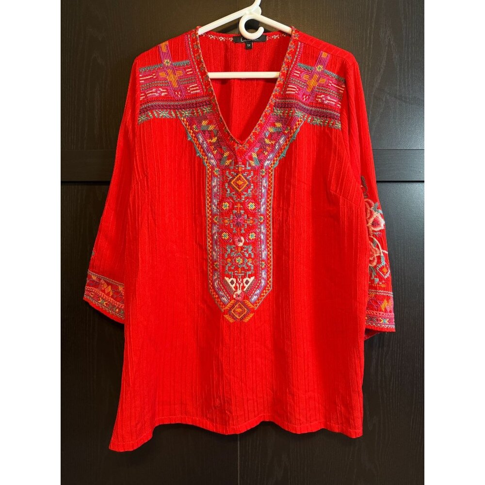 Caleoas Women's Red Embroidered Pattern 3/4 Sleeve Boho Blouse 1X Artsy